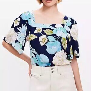 LOFT Floral Square Neck Top - Blue and White